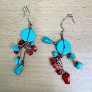 Hand Crafted Turquoise Howlite and Red Coral Earrings Sterling Silver Wires